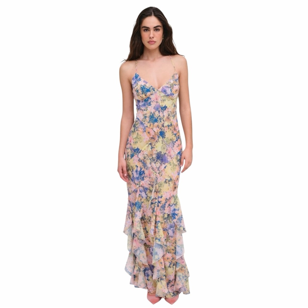 For Love And Lemons Pastel Floral Maxi Dress in Yellow, Pink, Blue